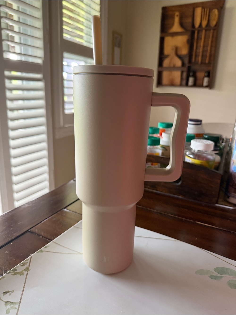 Cream Insulated Travel Mug with Handle and Straw